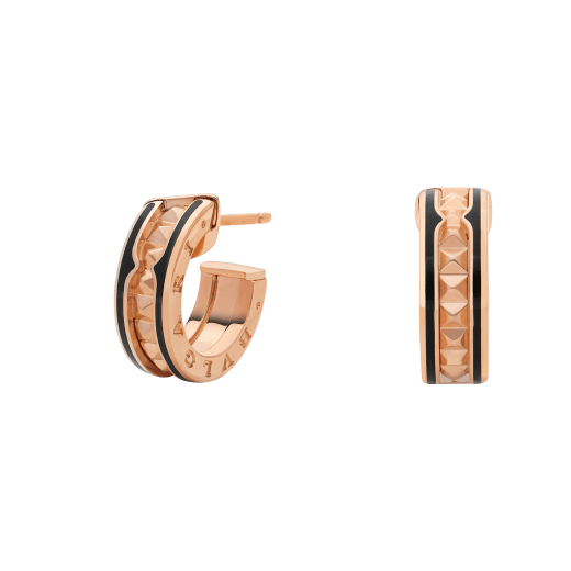 [OrnoraJewelry]ZERO 1 ROCK PINK GOLD EARRINGS WITH STUDDED SPIRAL AND BLACK CERAMIC