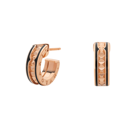 [OrnoraJewelry]ZERO 1 ROCK PINK GOLD EARRINGS WITH STUDDED SPIRAL AND BLACK CERAMIC