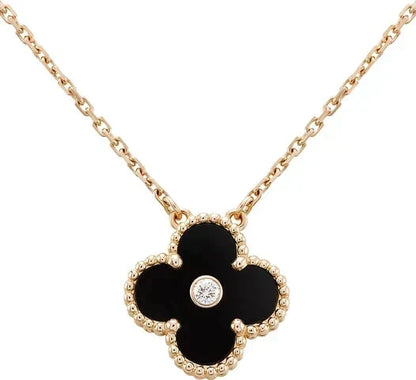 [OrnoraJewelry]CLOVER 15MM DIAMOND ONYX NECKLACE