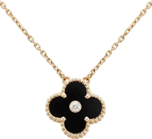 [OrnoraJewelry]CLOVER 15MM DIAMOND ONYX NECKLACE