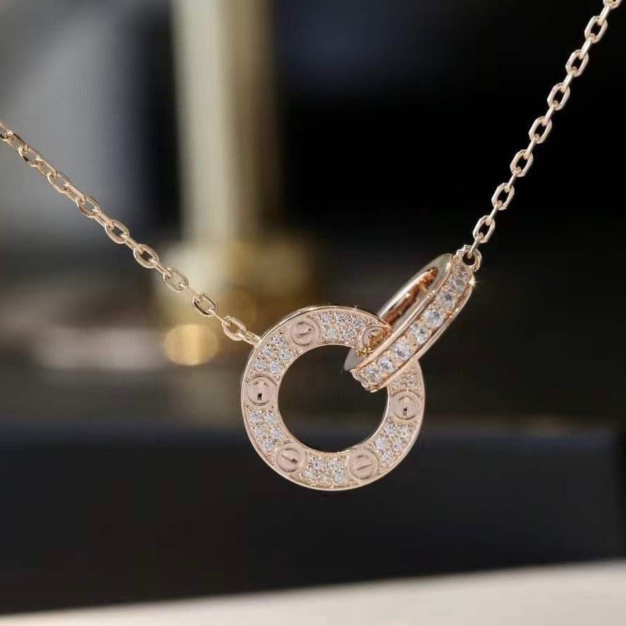 [OrnoraJewelry]LOVE 7.6MM NECKLACE ROSE GOLD AND SILVER  FULL DIAMOND