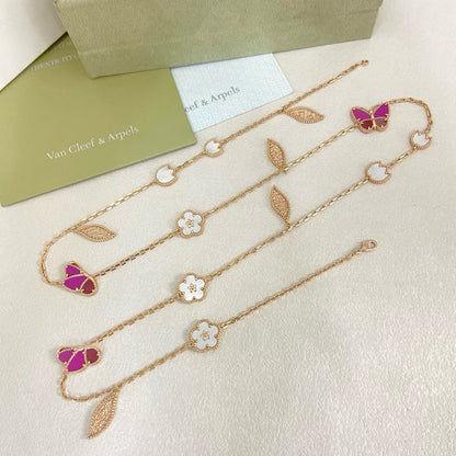 [Ornora Jewelry]ROSE QUARTZ MIXED FLOWER BUTTERFLY SWEATER CHAIN