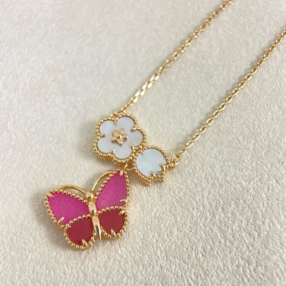[OrnoraJewelry]ROSE QUARTZ THREE‑IN‑ONE BUTTERFLY NECKLACE