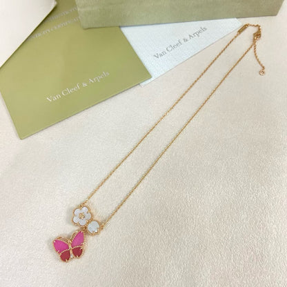 [OrnoraJewelry]ROSE QUARTZ THREE‑IN‑ONE BUTTERFLY NECKLACE