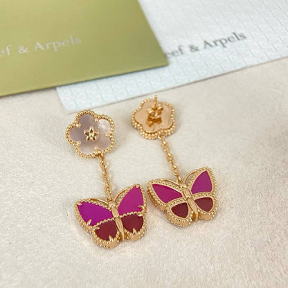 [Ornora Jewelry]ROSE QUARTZ TWO‑FLOWER BUTTERFLY DROP EARRINGS