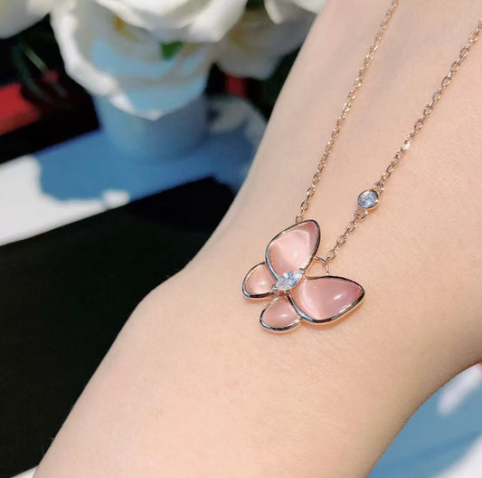 [OrnoraJewelry]BUTTERFLY PINK MOTHER-OF-PEARL DIAMOND NECKLACE