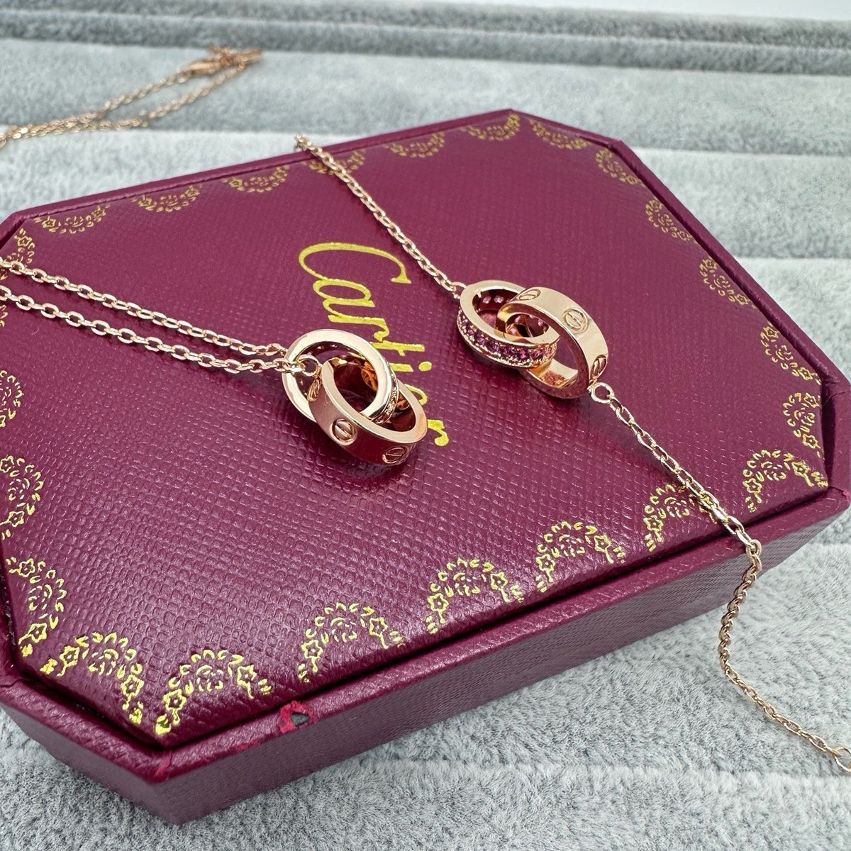 [OrnoraJewelry]LOVE DOUBLE PINK STONES RING NECKLACE