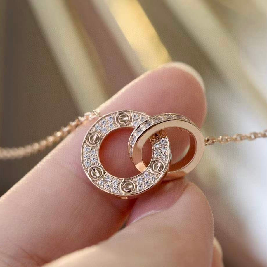 [OrnoraJewelry]LOVE 7.6MM NECKLACE ROSE GOLD AND SILVER  FULL DIAMOND