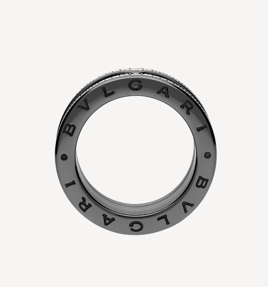 [OrnoraJewelry]ZERO 1 ROCK FOUR-BAND BLACK CERAMIC WITH STUDDED SPIRAL AND PAVED DIAMONDS RING
