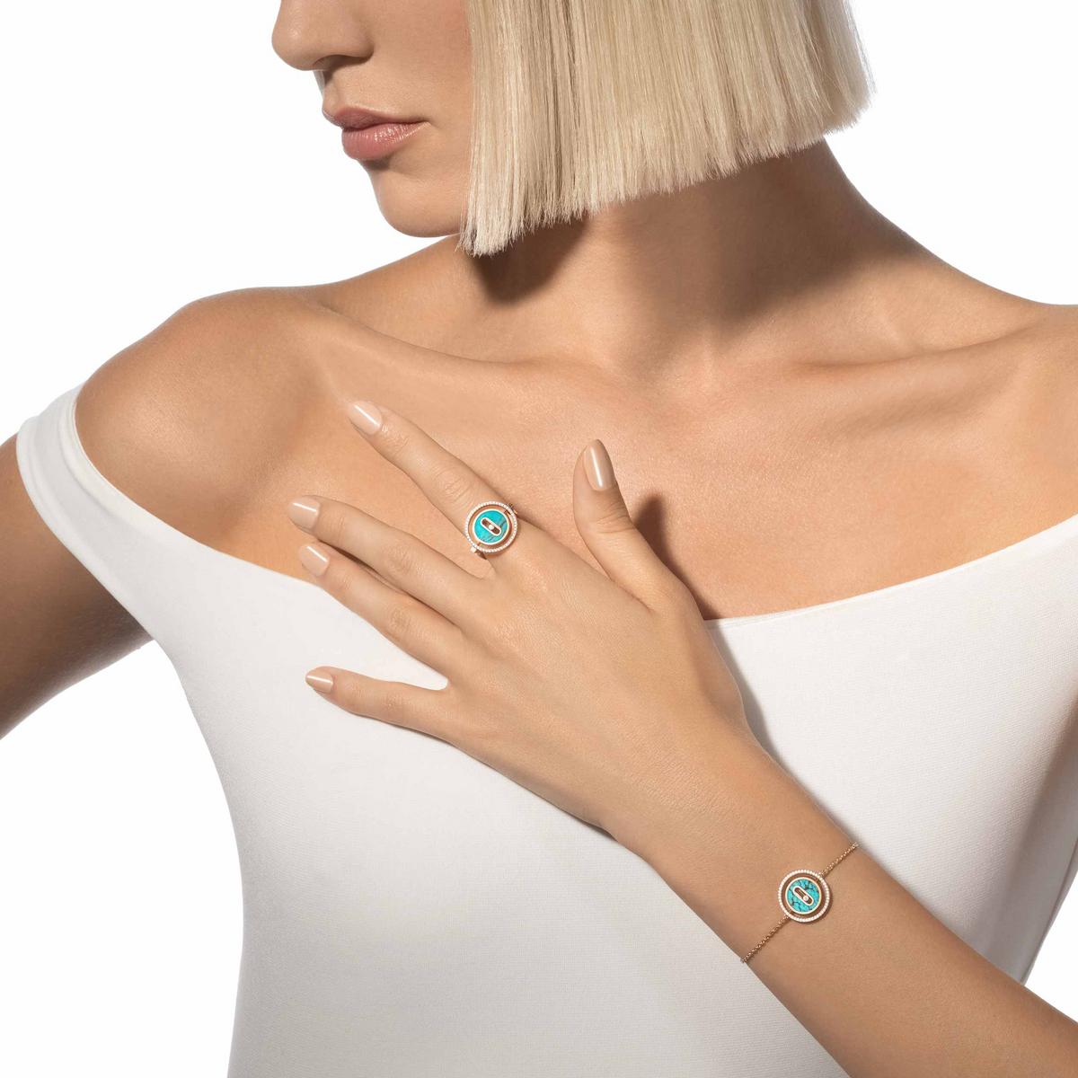 [OrnoraJewelry]LUCKY MOVE TURQUOISE PINK GOLD DIAMOND BRACELET(Adjustable)