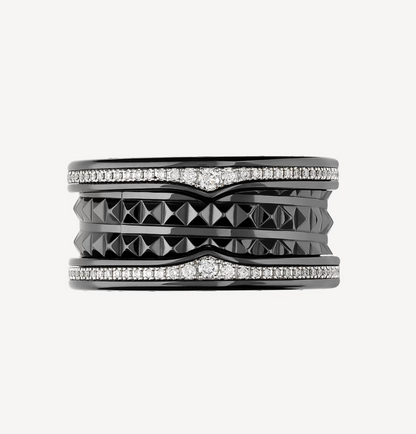 [OrnoraJewelry]ZERO 1 ROCK FOUR-BAND BLACK CERAMIC WITH STUDDED SPIRAL AND PAVED DIAMONDS RING