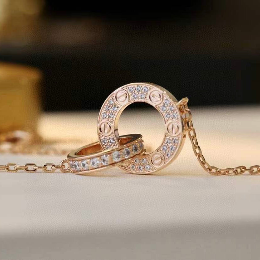 [OrnoraJewelry]LOVE 7.6MM NECKLACE ROSE GOLD AND SILVER  FULL DIAMOND