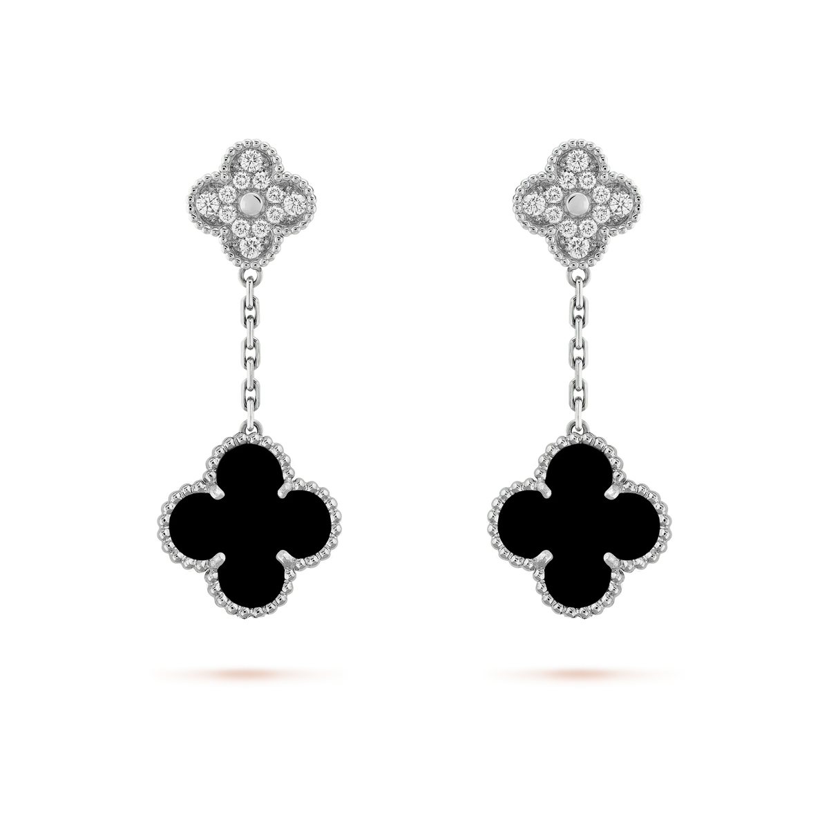 [OrnoraJewelry]CLOVER 2 MOTIFS  DIAMOND ONYX EARRINGS SILVER