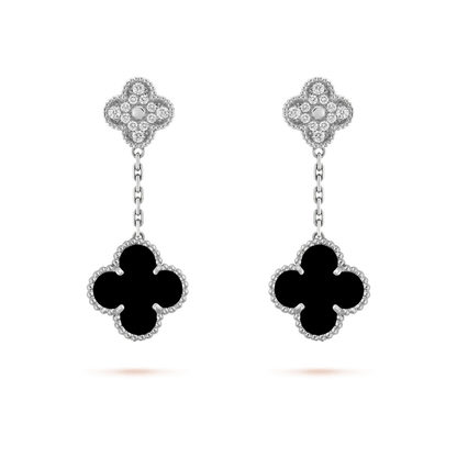 [OrnoraJewelry]CLOVER 2 MOTIFS  DIAMOND ONYX EARRINGS SILVER