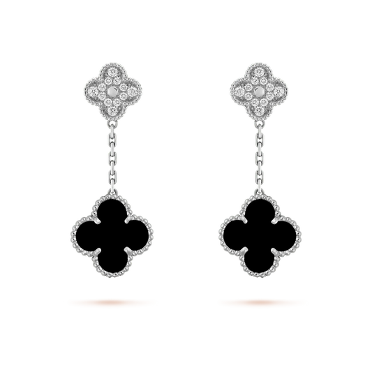 [OrnoraJewelry]CLOVER 2 MOTIFS  DIAMOND ONYX EARRINGS SILVER