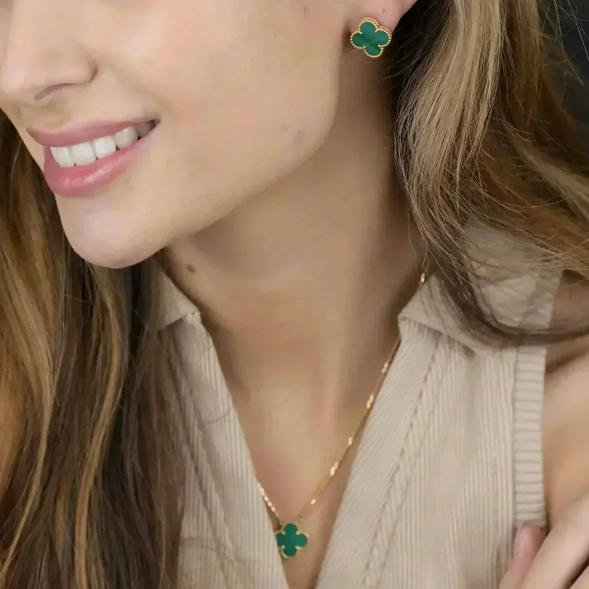 [OrnoraJewelry]CLOVER MINI 9.5MM MALACHITE  EARRINGS