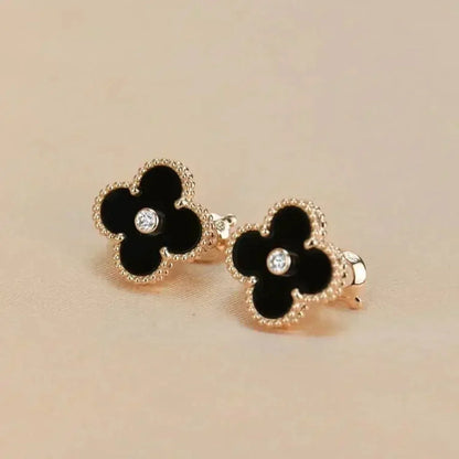 [OrnoraJewelry]CLOVER MEDIUM 1 MOTIFS ONYX DIAMOND EARRINGS