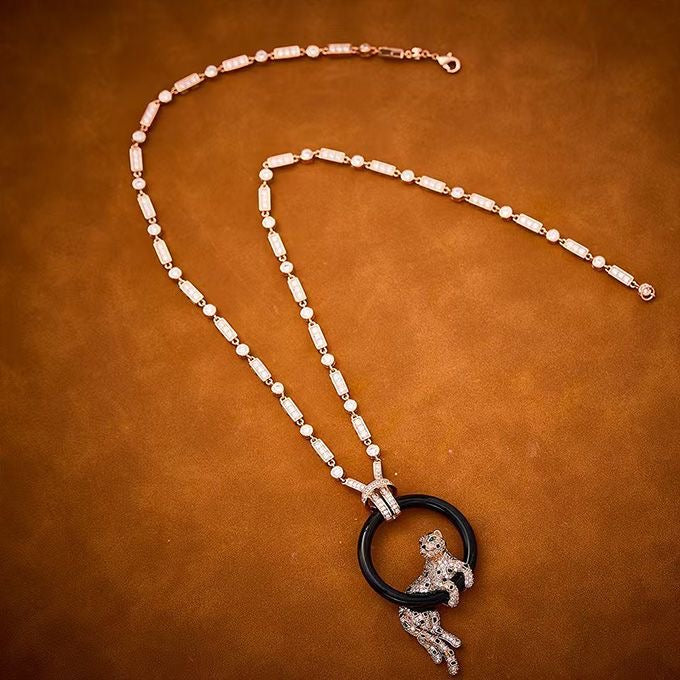 [OrnoraJewelry]NEW BLACK CIRCLE PANTHER FULL DIAMOND NECKLACE