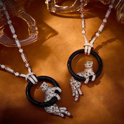 [OrnoraJewelry]NEW BLACK CIRCLE PANTHER FULL DIAMOND NECKLACE