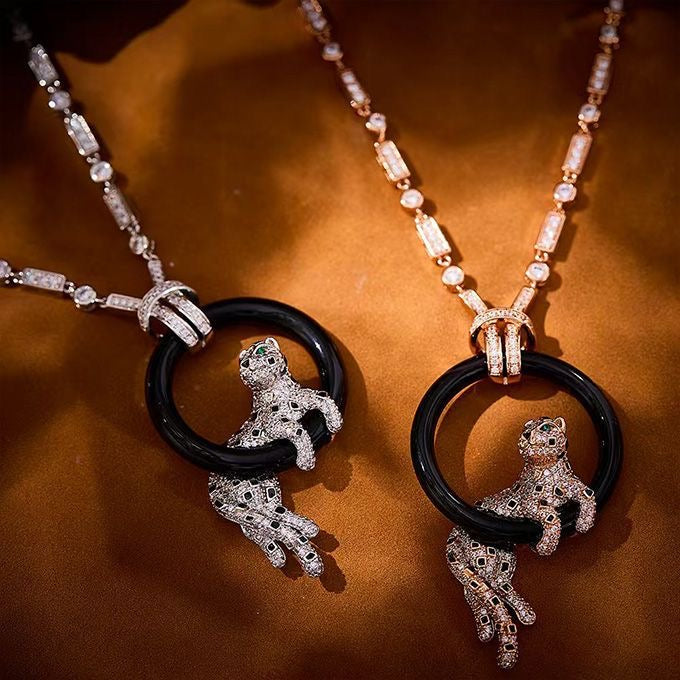 [OrnoraJewelry]NEW BLACK CIRCLE PANTHER FULL DIAMOND NECKLACE