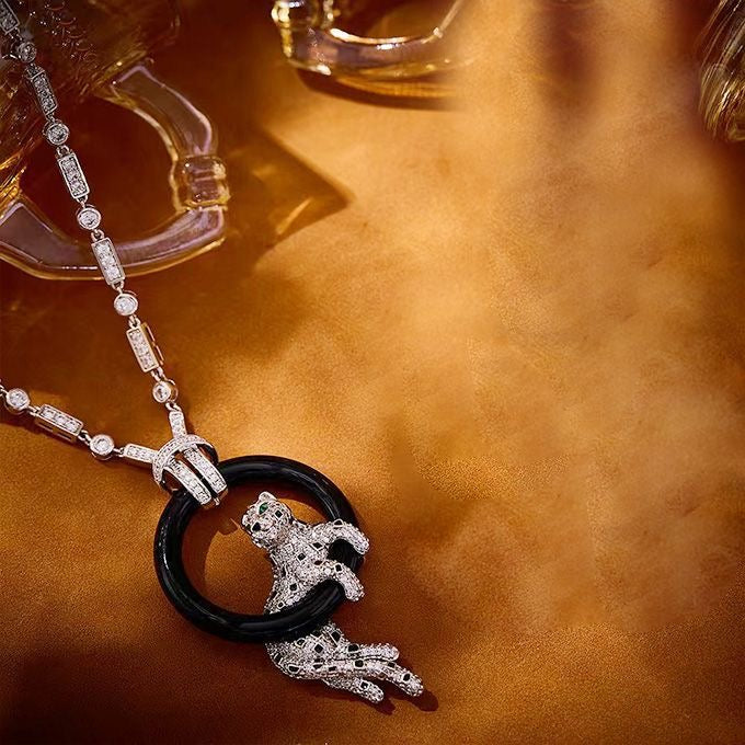 [OrnoraJewelry]NEW BLACK CIRCLE PANTHER FULL DIAMOND NECKLACE