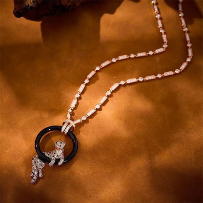 [OrnoraJewelry]NEW BLACK CIRCLE PANTHER FULL DIAMOND NECKLACE