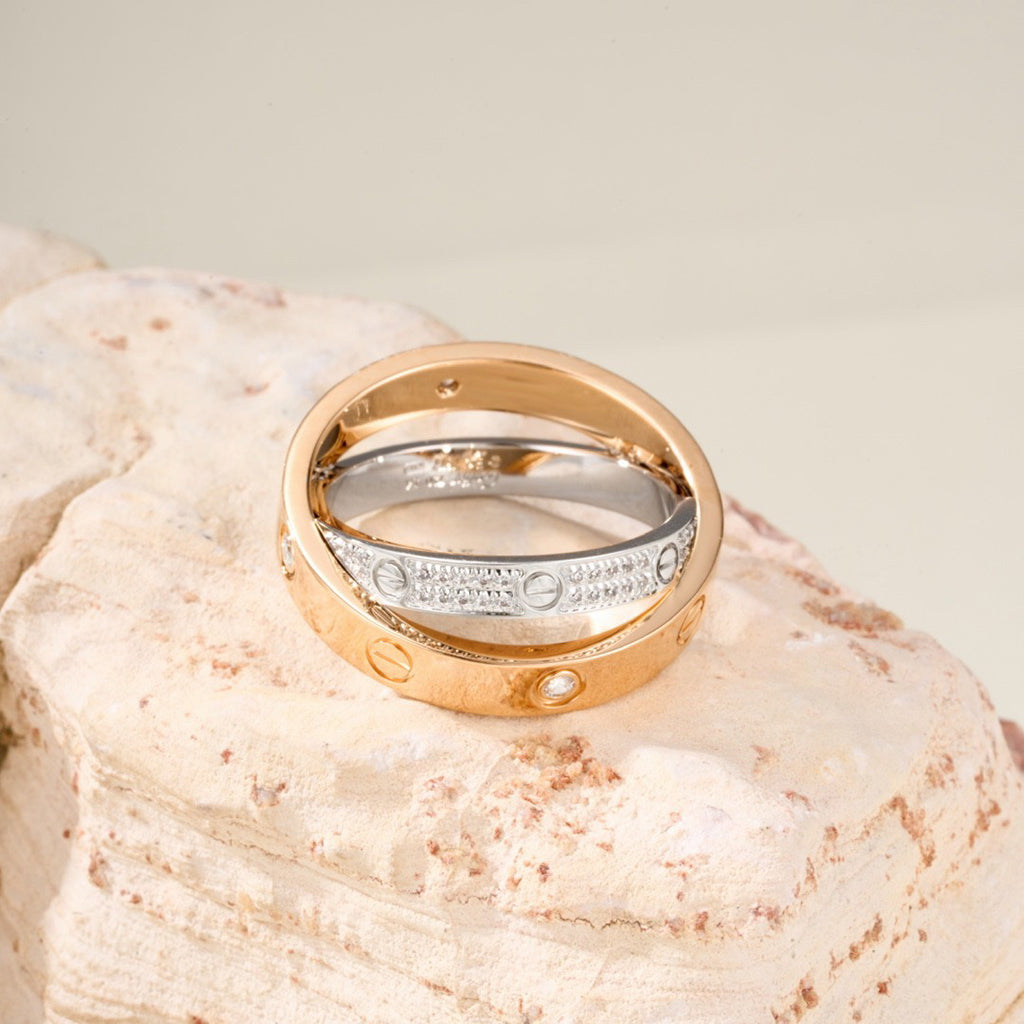 [OrnoraJewelry]LOVE PINK GOLD SILVER DIAMOND DOUBLE RING