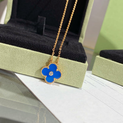 [OrnoraJewelry]CLOVER 15MM DIAMOND AND BLUE AGATE NECKLACE