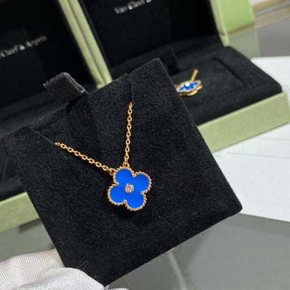 [OrnoraJewelry]CLOVER 15MM DIAMOND AND BLUE AGATE NECKLACE