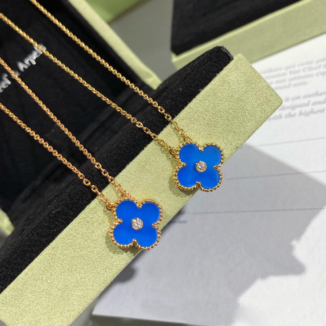 [OrnoraJewelry]CLOVER 15MM DIAMOND AND BLUE AGATE NECKLACE