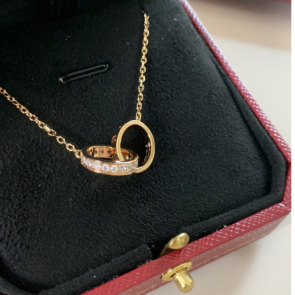 [OrnoraJewelry]LOVE DOUBLE RING HALF DIAMOND NECKLACE