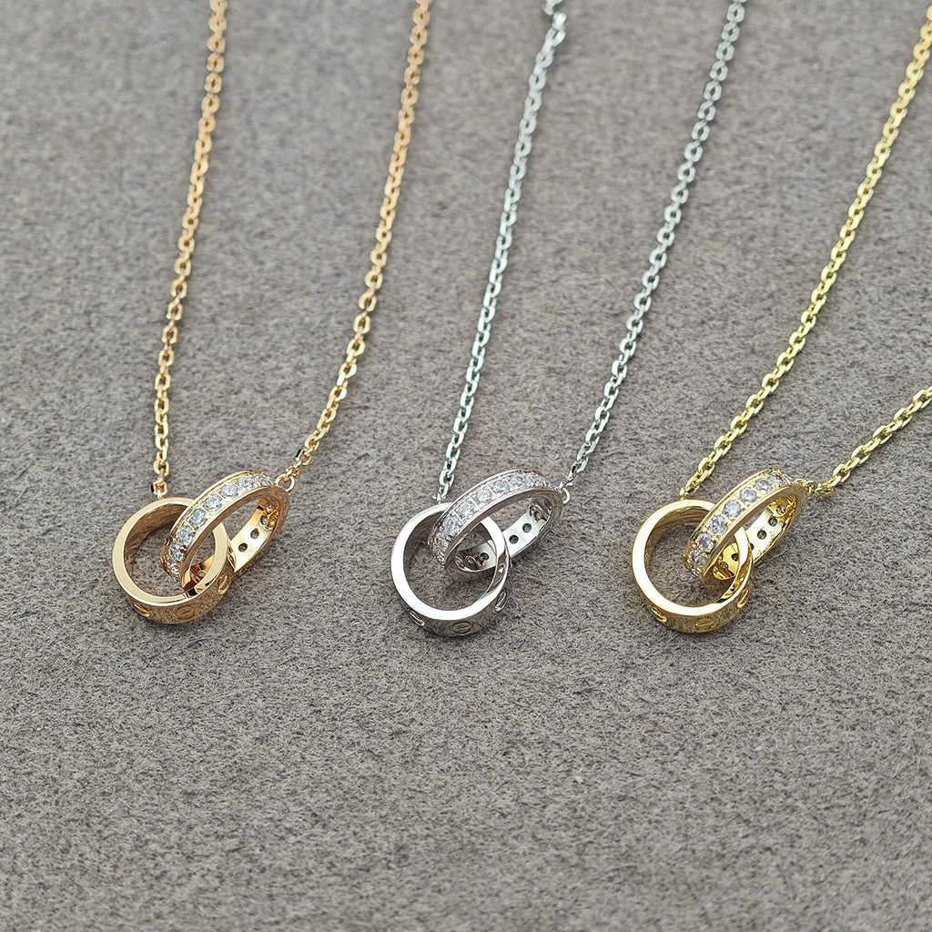 [OrnoraJewelry]LOVE DOUBLE RING HALF DIAMOND NECKLACE