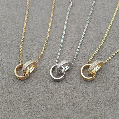 [OrnoraJewelry]LOVE DOUBLE RING HALF DIAMOND NECKLACE