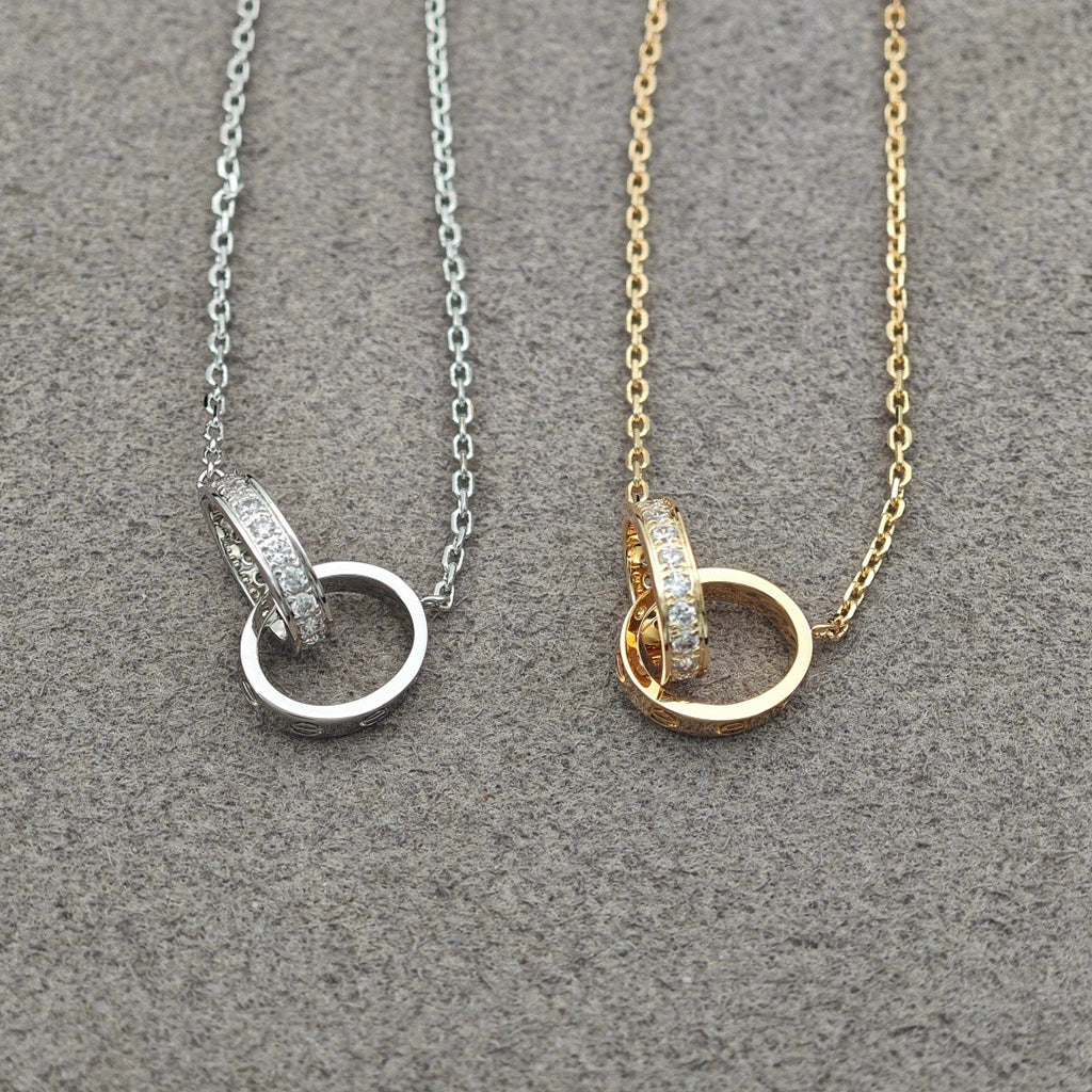 [OrnoraJewelry]LOVE DOUBLE RING HALF DIAMOND NECKLACE