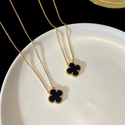 [OrnoraJewelry]CLOVER 15MM BLACK ONYX SINGLE FLOWER NECKLACE