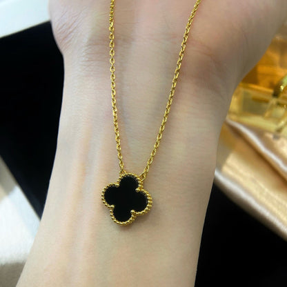 [OrnoraJewelry]CLOVER 15MM BLACK ONYX SINGLE FLOWER NECKLACE