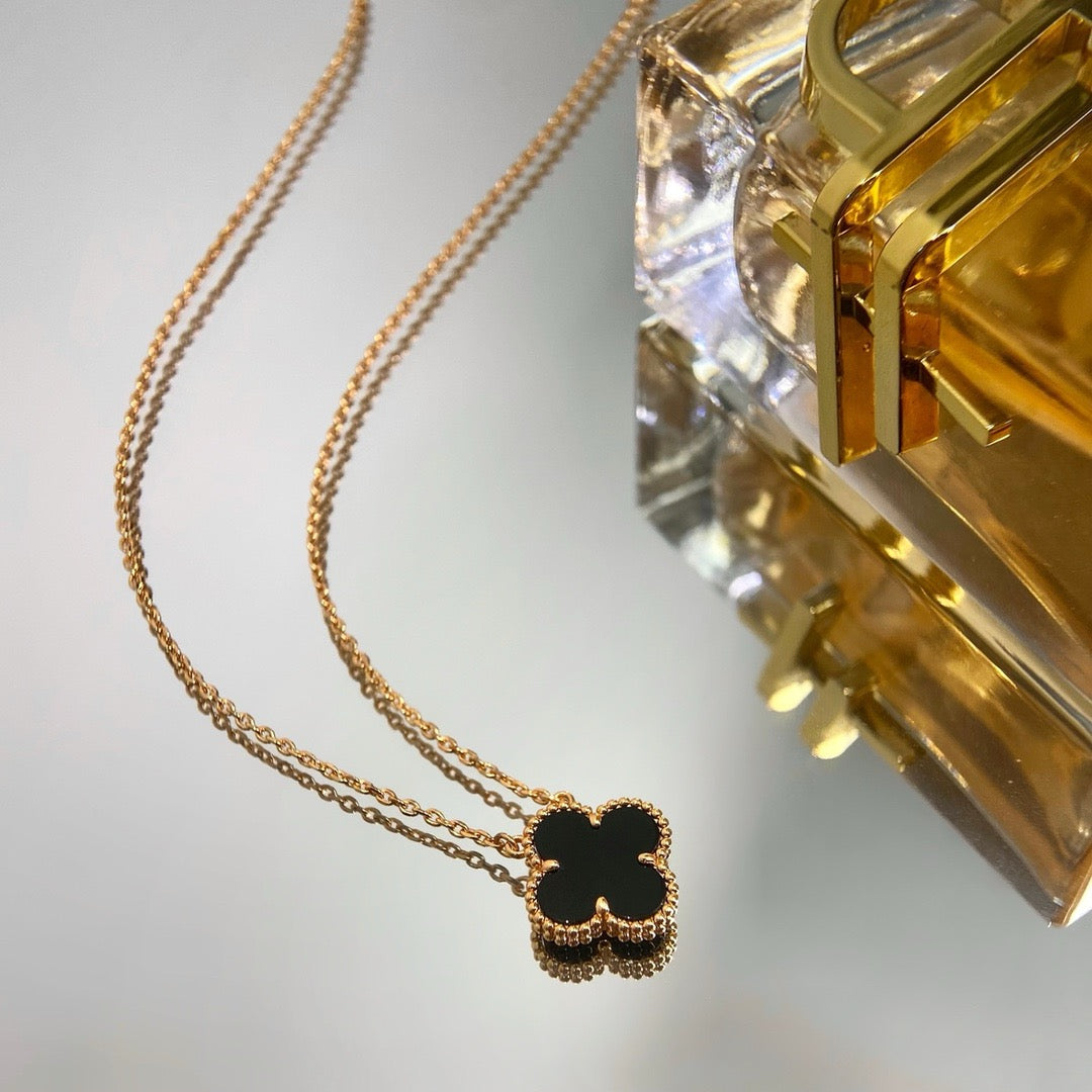 [OrnoraJewelry]CLOVER 15MM BLACK ONYX SINGLE FLOWER NECKLACE