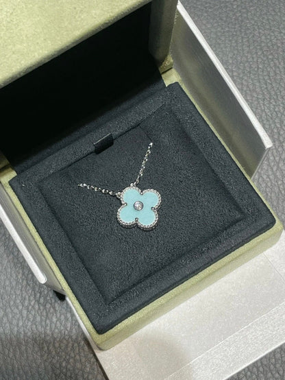 [OrnoraJewelry]CLOVER 1 DIAMOND LIGHT BLUE SILVER NECKLACE