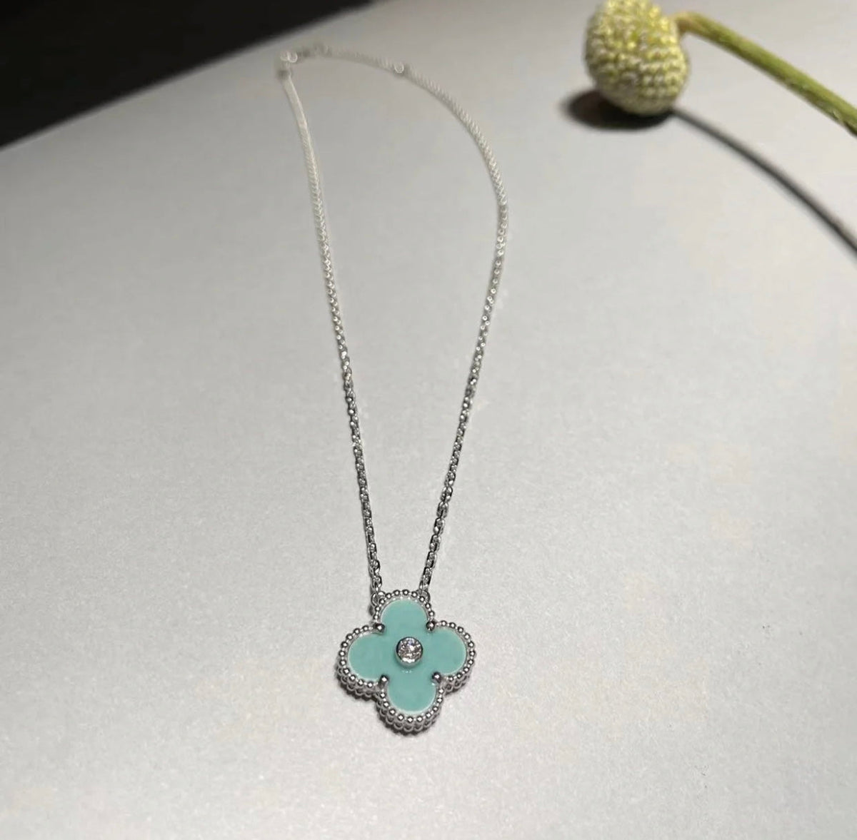 [OrnoraJewelry]CLOVER 1 DIAMOND LIGHT BLUE SILVER NECKLACE
