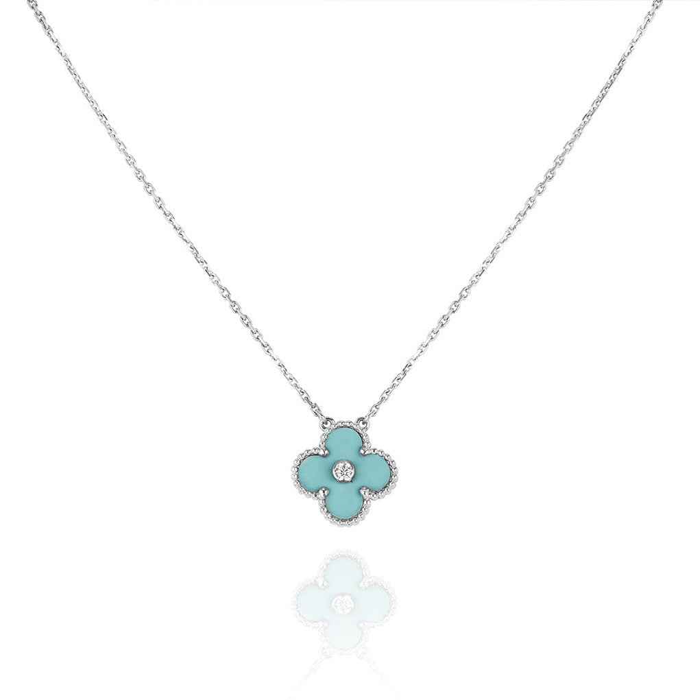 [OrnoraJewelry]CLOVER 1 DIAMOND LIGHT BLUE SILVER NECKLACE