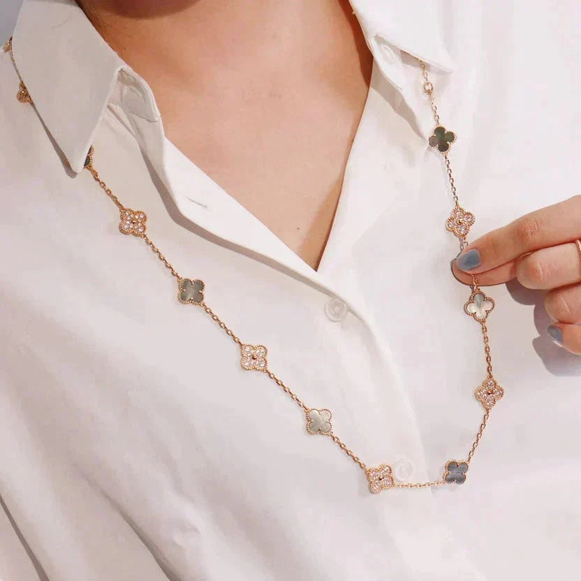 [OrnoraJewelry]CLOVER 20 MOTIFS DARK MOP DIAMOND  NECKLACE