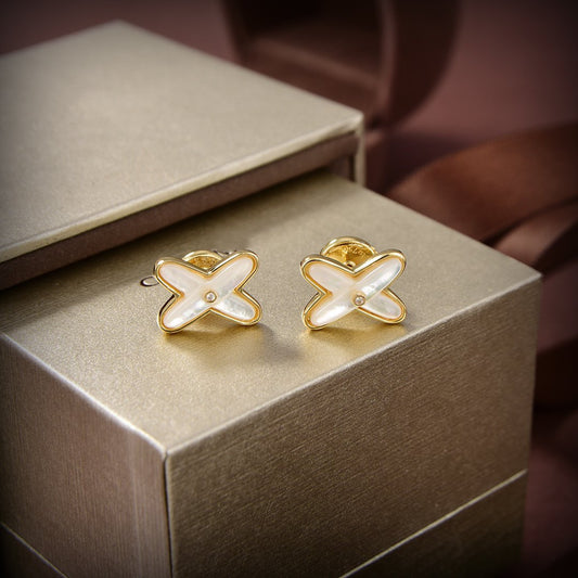[OrnoraJewelry]JEUX DE WHITE MOP GOLD DIAMOND EARRINGS