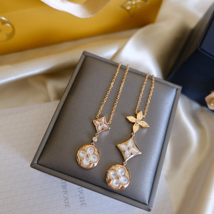 [OrnoraJewelry]COLOR BLOSSOM LARIAT NECKLACE PINK GOLD WHITE MOTHER PEARL AND DIAMOND