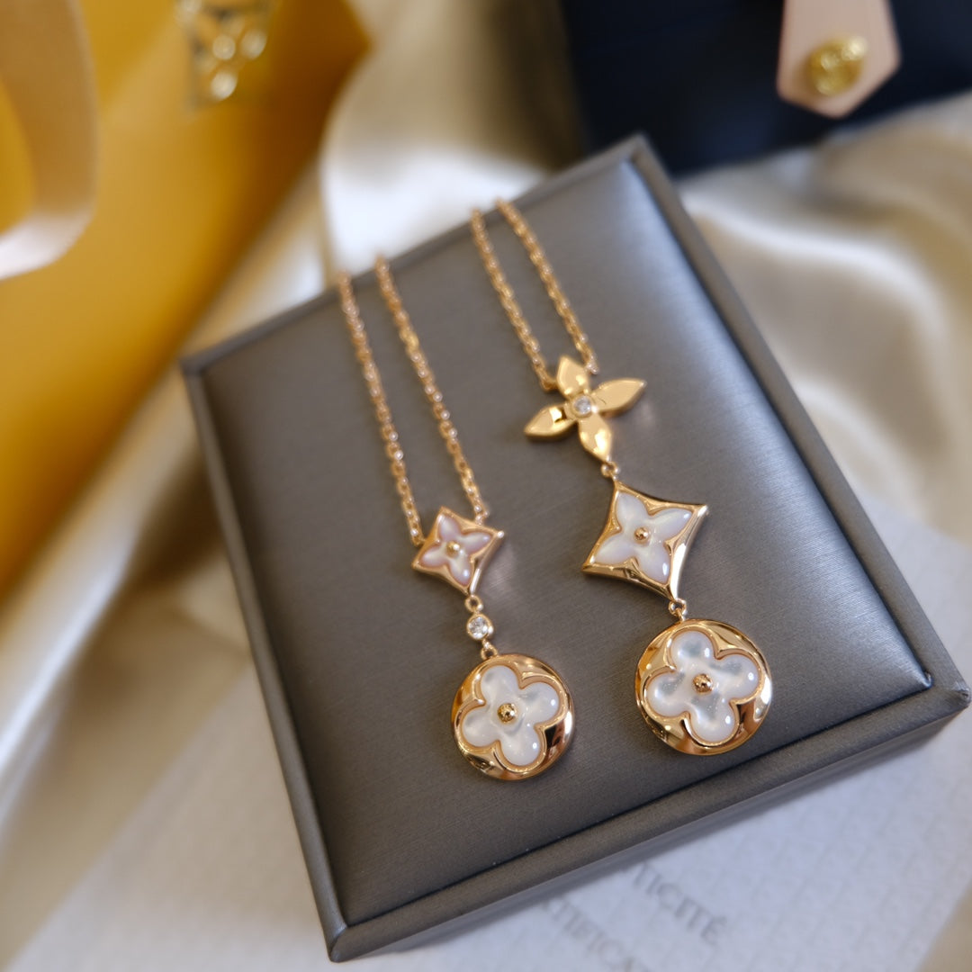 [OrnoraJewelry]COLOR BLOSSOM LARIAT NECKLACE PINK GOLD WHITE MOTHER PEARL AND DIAMOND