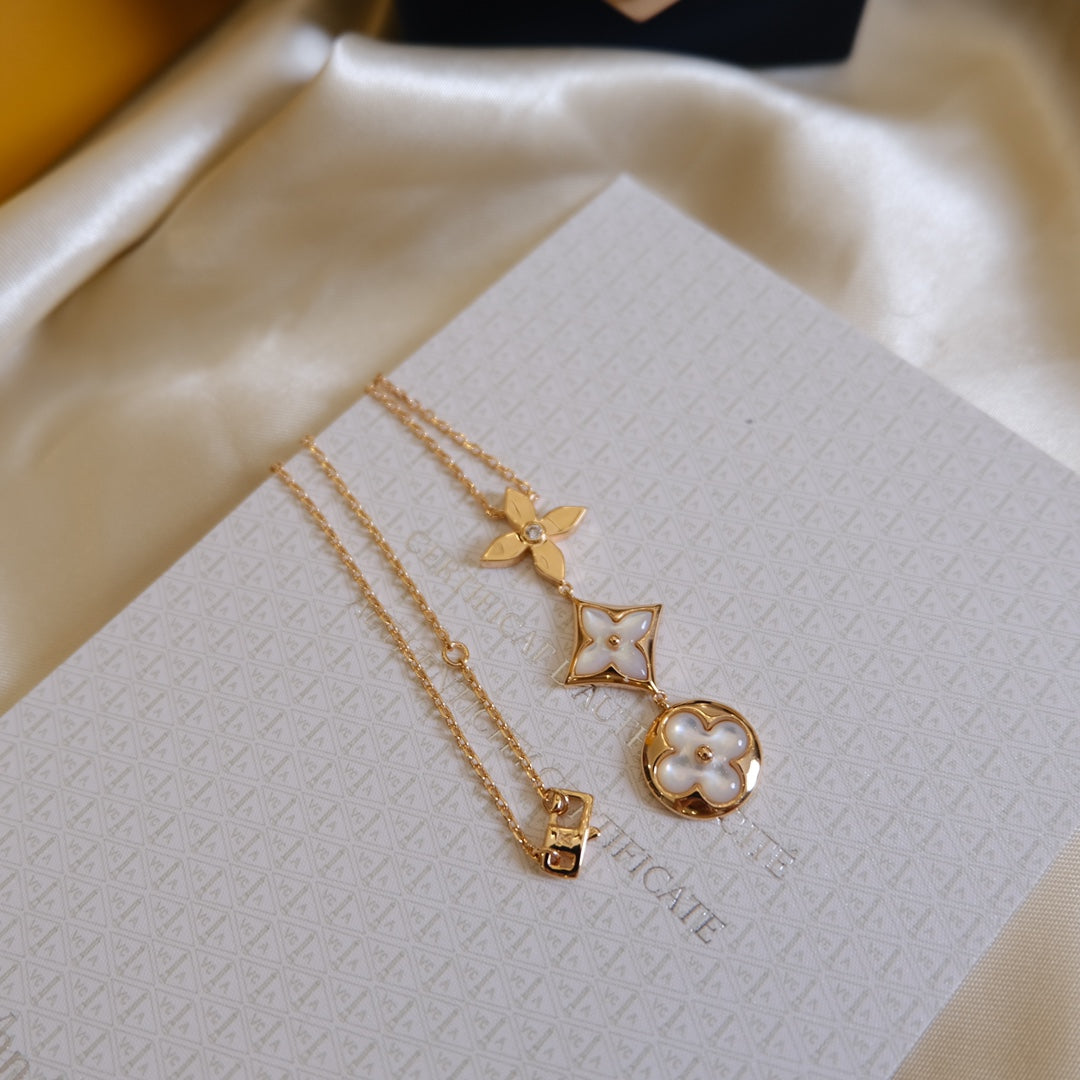 [OrnoraJewelry]COLOR BLOSSOM LARIAT NECKLACE PINK GOLD WHITE MOTHER PEARL AND DIAMOND
