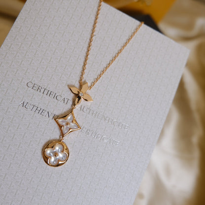 [OrnoraJewelry]COLOR BLOSSOM LARIAT NECKLACE PINK GOLD WHITE MOTHER PEARL AND DIAMOND