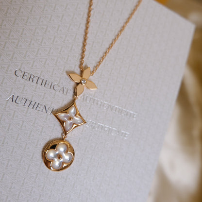 [OrnoraJewelry]COLOR BLOSSOM LARIAT NECKLACE PINK GOLD WHITE MOTHER PEARL AND DIAMOND