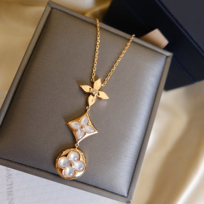 [OrnoraJewelry]COLOR BLOSSOM LARIAT NECKLACE PINK GOLD WHITE MOTHER PEARL AND DIAMOND