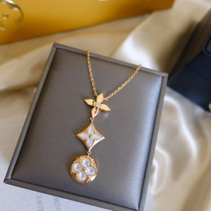 [OrnoraJewelry]COLOR BLOSSOM LARIAT NECKLACE PINK GOLD WHITE MOTHER PEARL AND DIAMOND