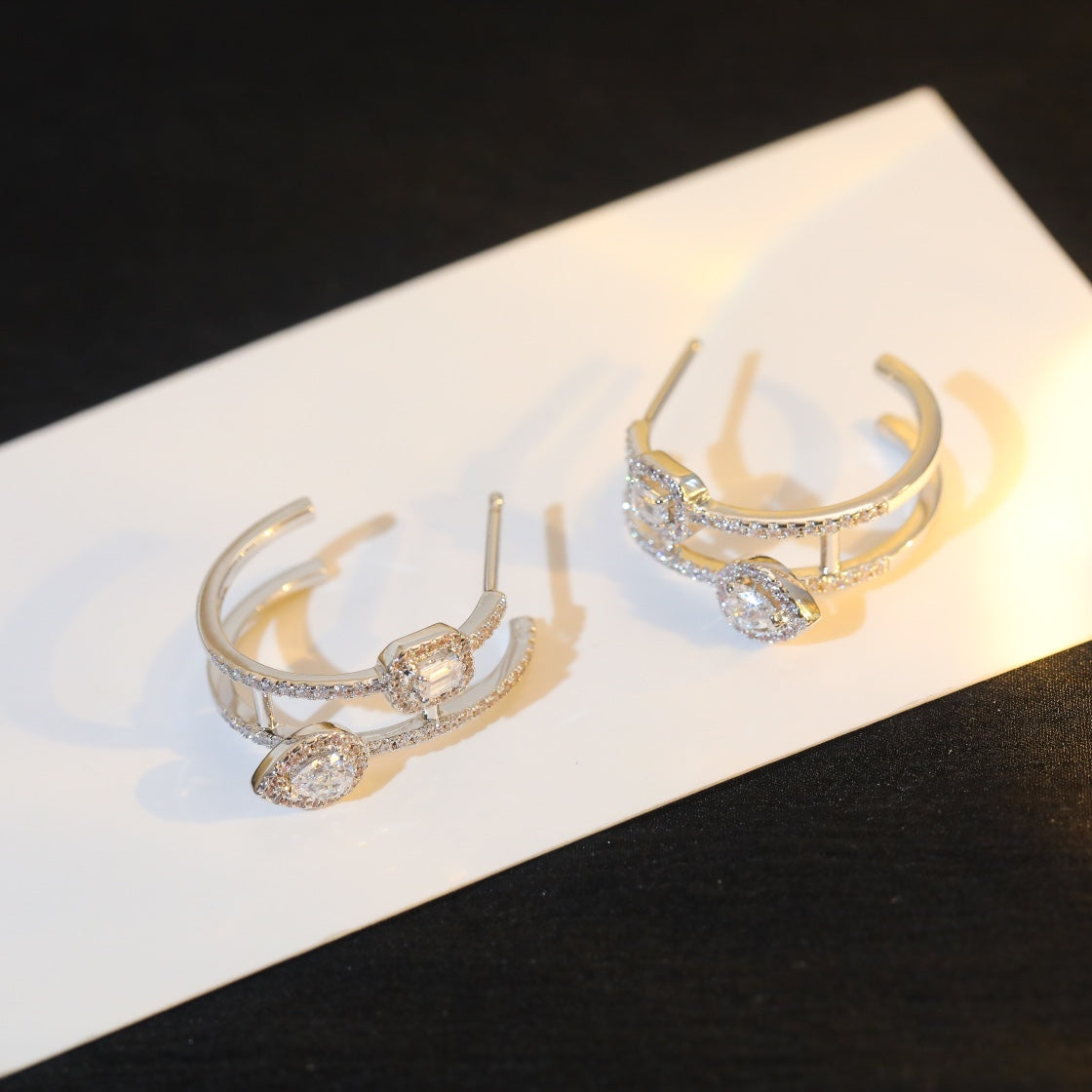 [OrnoraJewelry]CREOLES MY TWIN 2 RANGS SILVER DIAMOND EARRINGS